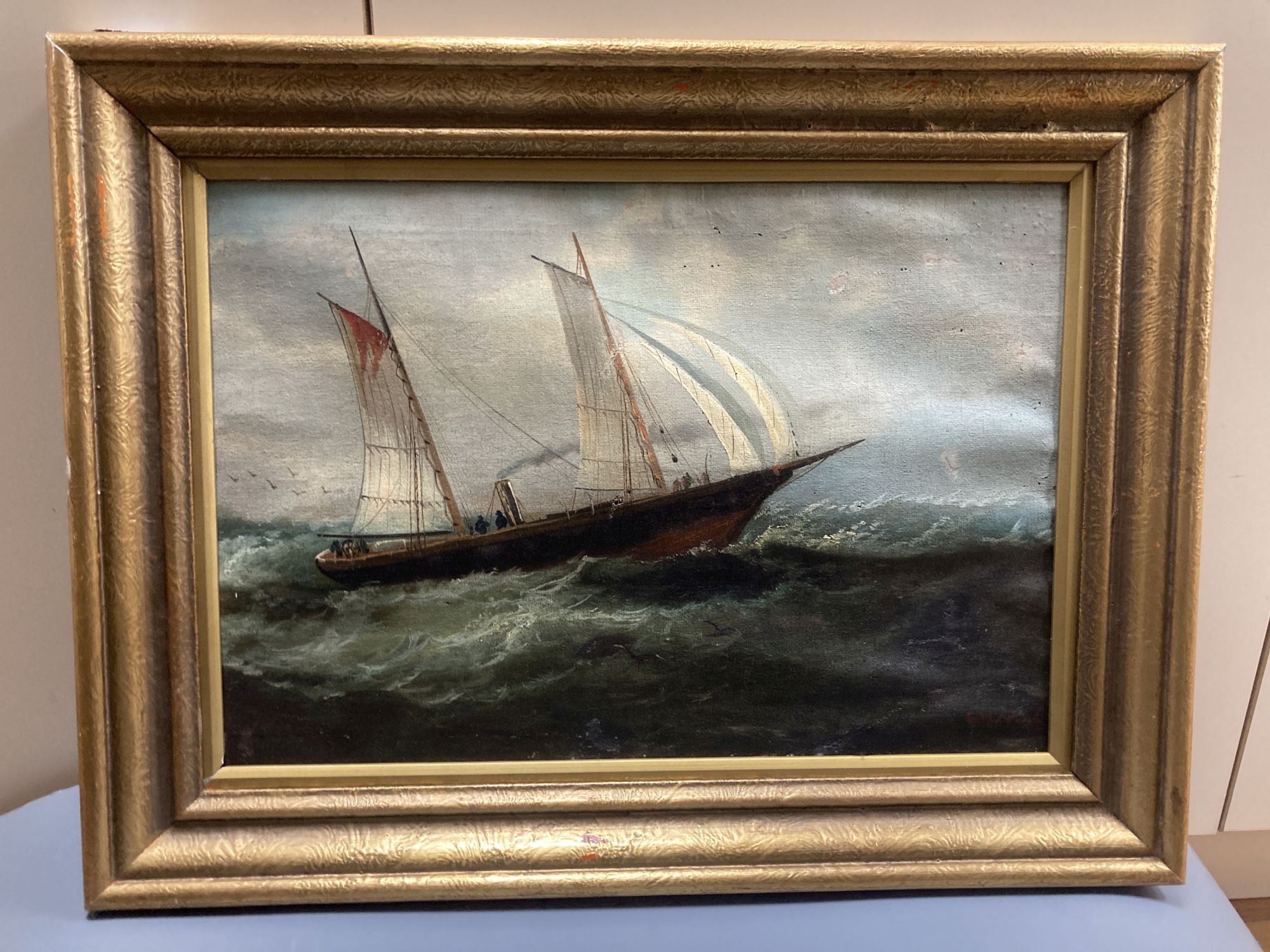 A Victorian oil on canvas of a steam and sail ship at sea, signed, 28 x 41cm